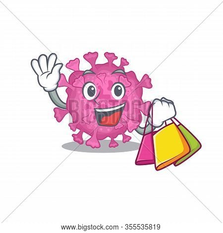 Happy Rich Corona Virus Organic Mascot Design Waving And Holding Shopping Bag