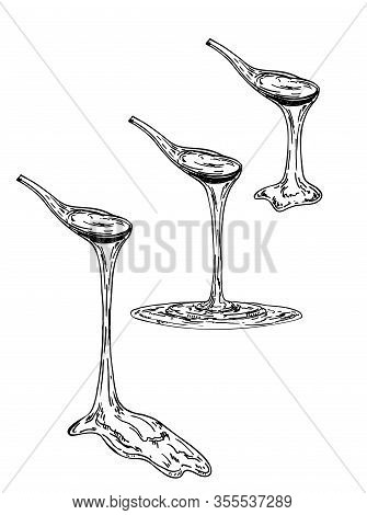 Maple Syrup, Honey, Caramel Pours From A Spoon. Syrup, Viscous Liquid Drains From A Spoon. Hand Draw