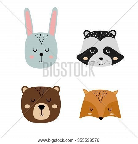 Set Of Cute Hand Drawn Slleping Animals - Hare, Raccoon, Bear And Fox. Cartoon Zoo. Vector Illustrat