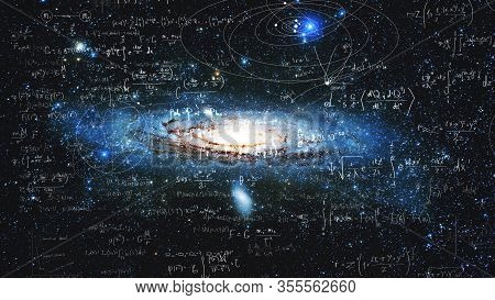 Science And Research Of The Universe, Spiral Galaxy And Physical Formulas, Concept Of Knowledge And 