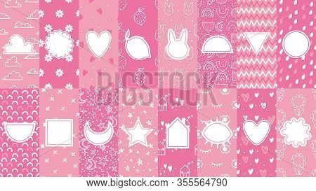 Cute Patterns With Badges. Pink Pattern For Little Baby, Girly Abstract Seamless Textures For Fabric