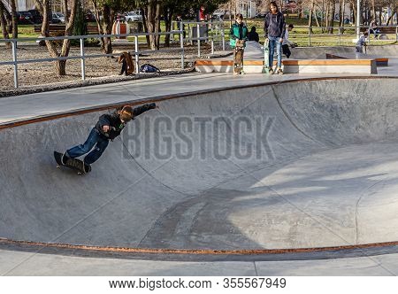 Ukraine, Odessa, January 11, 2020 Cool Skateboard Makes Figures In Air At The Rollerdrome
