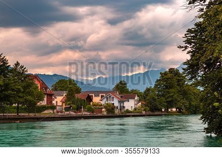 Aare River In Old City Of Interlaken, Important Tourist Center In The Bernese Highlands, Switzerland