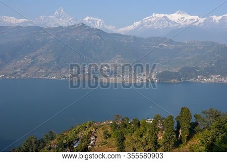 Arial View On Pokhara City, Lake Phewa And The Himalayan Range On Nepal