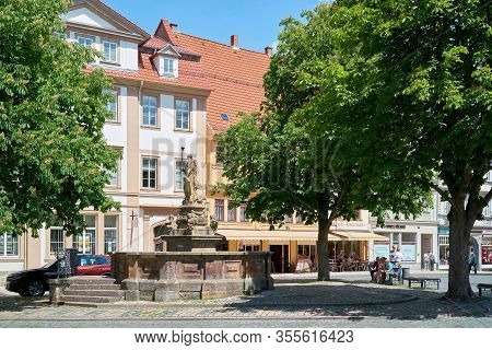 Gotha, Germany - June 01, 2019: Schellenbrunnen Fountain At The Main Market In The Old Town Of Gotha