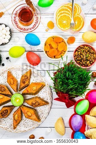 Colored Eggs, Wheat Springs For Easter And Traditional Sweets For Novruz Ramadan In Azerbaijan. Sele