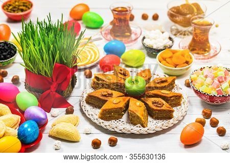 Colored Eggs, Wheat Springs For Easter And Traditional Sweets For Novruz Ramadan In Azerbaijan. Sele