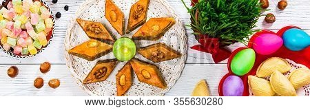 Colored Eggs, Wheat Springs For Easter And Traditional Sweets For Novruz Ramadan In Azerbaijan. Sele