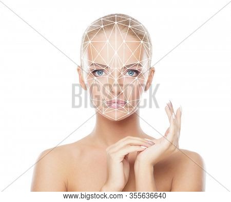 Face of a beautifyl girl with a scanning grid on her face. Face id, security, facial recognition, authentication technology.