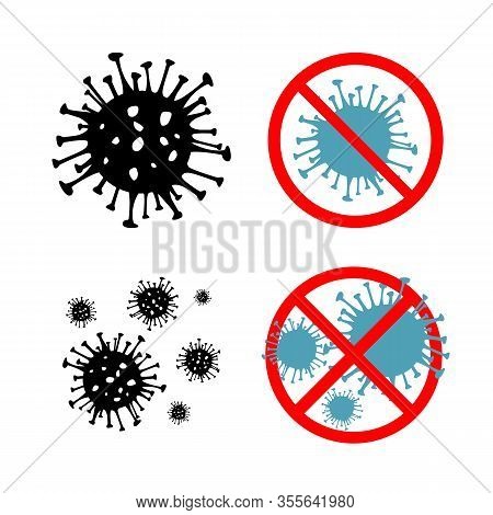 Set Of 4 Dangerous Coronavirus Red And Black Vector Icon. 2019-ncov Bacteria Isolated On White Backg