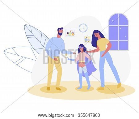 School Age Girl, Dressed In Almighty Hero Costume. Parents, Happy At Their Wonder Daughter. Creative