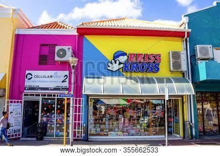 Willemstad, Curacao, Netherlands - December 5, 2019: Specific Coloured Buildings On Handelskade Stre