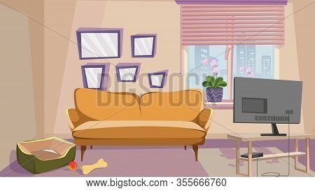 Comfortable Living Room With Beige Wall Interior Vector Illustration. Home With Animal. Dog Bed Pet 
