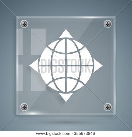 White World Globe With Compass Icon Isolated On Grey Background. Square Glass Panels. Vector Illustr