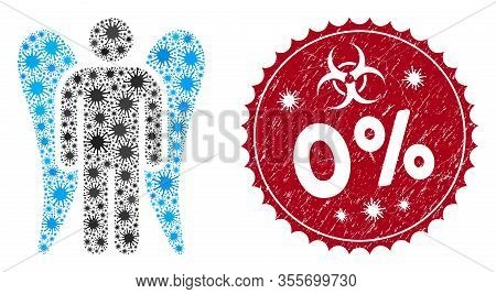 Coronavirus Mosaic Angel Icon And Round Rubber Stamp Seal With 0 Percent Phrase. Mosaic Vector Is Fo