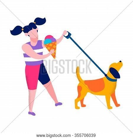 Cartoon Happy Little Girl Walking Dog On Leash Eating Ice-cream Outdoors Motivational Pet Care Love 