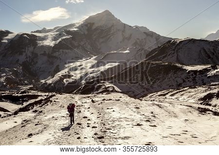 Annapurna, Nepal - November 16, 2015: Tourist Going Up On The Way To Thorong La Pass (5416 M), Annap