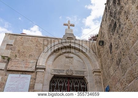 Jerusalem, Israel, February 29, 2020 : The Entrance To The Greek Akeldama Monastery In The Old City 