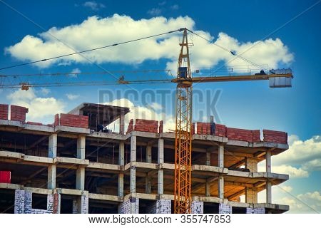Construction Site With Crane And Building. Indusrtrial Background.
