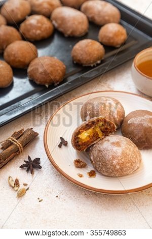 Traditional Russian Honey Cake Or Gingerbread Called Pryanik. Cake With Fruit Jam And Honey Filling 