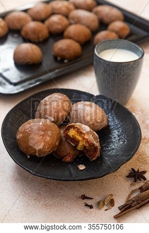 Traditional Russian Honey Cake Or Gingerbread Called Pryanik. Cake With Fruit Jam And Honey Filling 