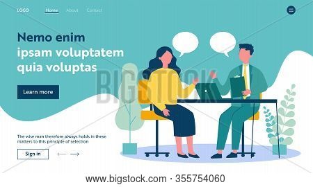 Candidate And Hr Manager Having Job Interview. Business Man And Woman Meeting At Table, Talking With