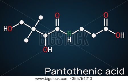 Pantothenic Acid, Vitamin B5, Pantothenate Molecule. Structural Chemical Formula On The Dark Blue Ba