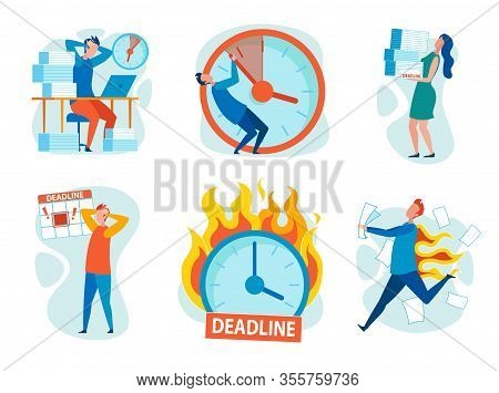 Set Stress From Breaking Deadlines Cartoon Flat. Vector Illustration On White Background. People Clu