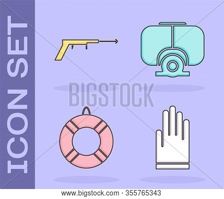 Set Gloves, Fishing Harpoon, Lifebuoy And Diving Mask Icon. Vector