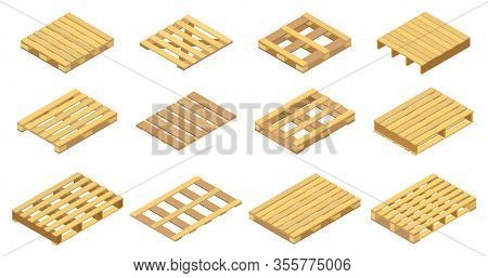 Wooden Pallet Vector Illustration On White Background . Isolated Isometric Set Icon Wood Container.i
