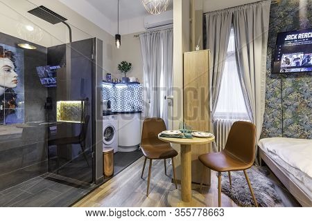 Budapest, Hungary - February 16, 2020: Luxurious Tiny Home Space With A Shower In The Room.