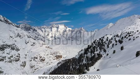 The Aletsch Glacier In The Valley With The Wannenhorn In The Bernese Alps, Switzerland In Winter.
