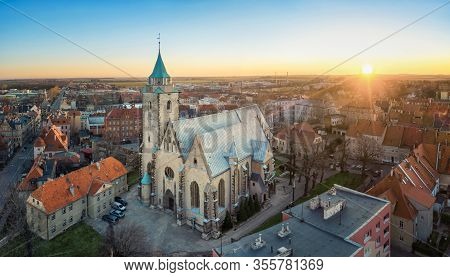 Jawor, Poland. Aerial View Of St. Martin Church On Sunrise