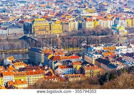 National Theatre, Czech: Narodni Divadlo, And Vltava River In Prague. Aerial View From Petrin Tower,
