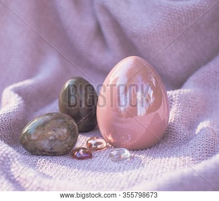 Easter background with Easter eggs. Soft focus, bokeh effect. Happy easter greeting card template in