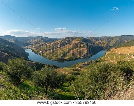 View Of The Terraced Vineyards In The Douro Valley And River Near The Village Of Pinhao, Portugal. C