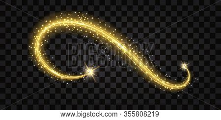 Gold Glowing Wave. Decorative Flourish For Your Design. Light Shine Effect, Golden Swirl,  Glitterin