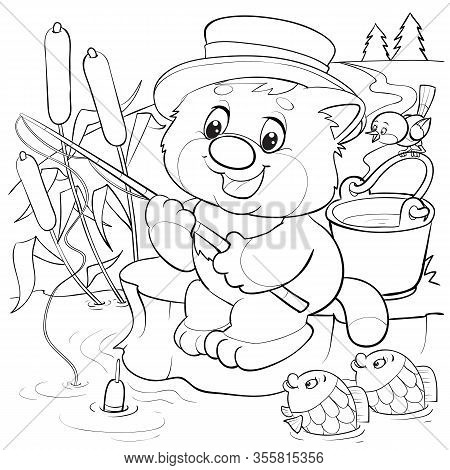A Kitten In A Hat And With A Fishing Rod Sits On The Riverbank In Reeds And Catches A Fish, Next To 