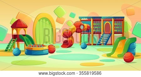 Kids Playground In Play Park With Spiral Tube Slide, Houses And Ball Pool. Vector Cartoon Empty Inte