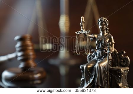 Lawyers Office Concept. Law Symbols Composition: Gavel, Scale And Themis Statue.