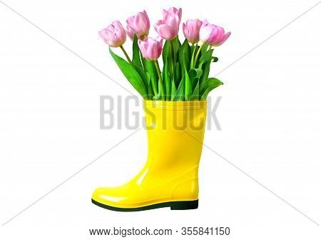 Tulips In The Yellow Rainboot Isolated On White. Cut Out Object.