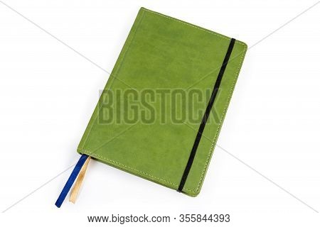 Closed Business Diary With Hard Leatherette Green Cover, Rubber Band And Two Silk Blue And Yellow Pa