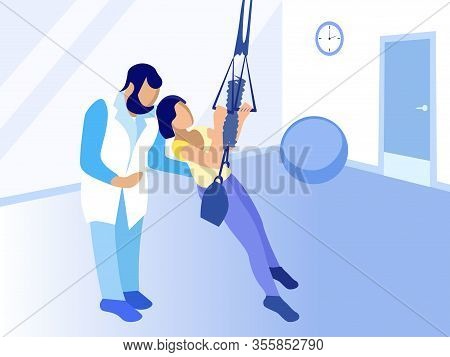 Young Woman Training On Trx Under Doctor Control. Workout For Rehabilitation After Injure, Trauma, M