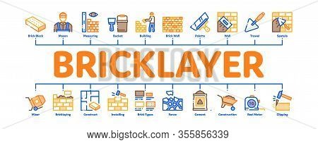 Bricklayer Industry Minimal Infographic Web Banner Vector. Professional Bricklayer Worker, Mason Lay