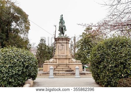 TOKYO,  JAPAN - FEBRUARY 8, 2019: Statue of Prince Komatsu Akihito (Komatsu no miya), Ueno Park, Tok