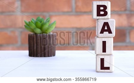 Bail The Word On Cubes Against The Background Of A Brick Wall With A Cactus.