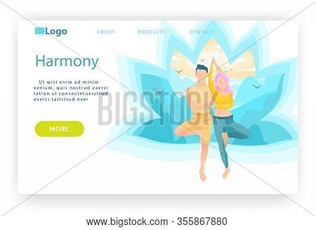 Man And Woman In Tree Yoga Pose. Harmony, Meditation And Mind Enlightenment Concept. Wellness And He