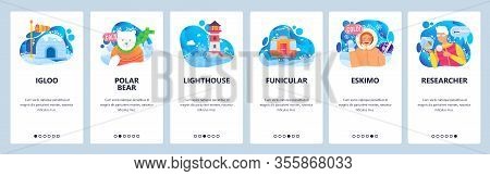 Arctica And Antarctica Icons. Polar Bear, Winter Snow And Ice, Igloo, Eskimo, Inuit Girl. Mobile App