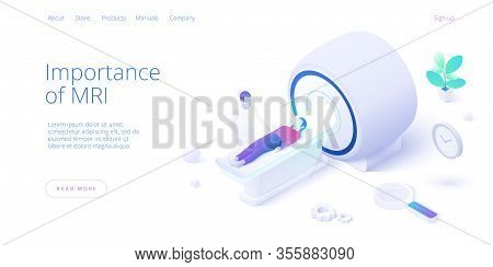 Magnetic Resonance Imaging Concept In Isometric Vector Design. Male Doctor Doing Diagnostics Of Fema