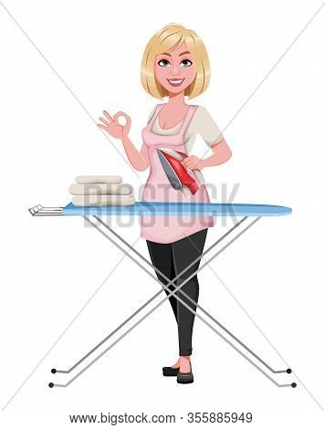 Housewife Concept, Young Pretty Stylish Woman Ironing Clothes. Beautiful Lady Cartoon Character. Sto